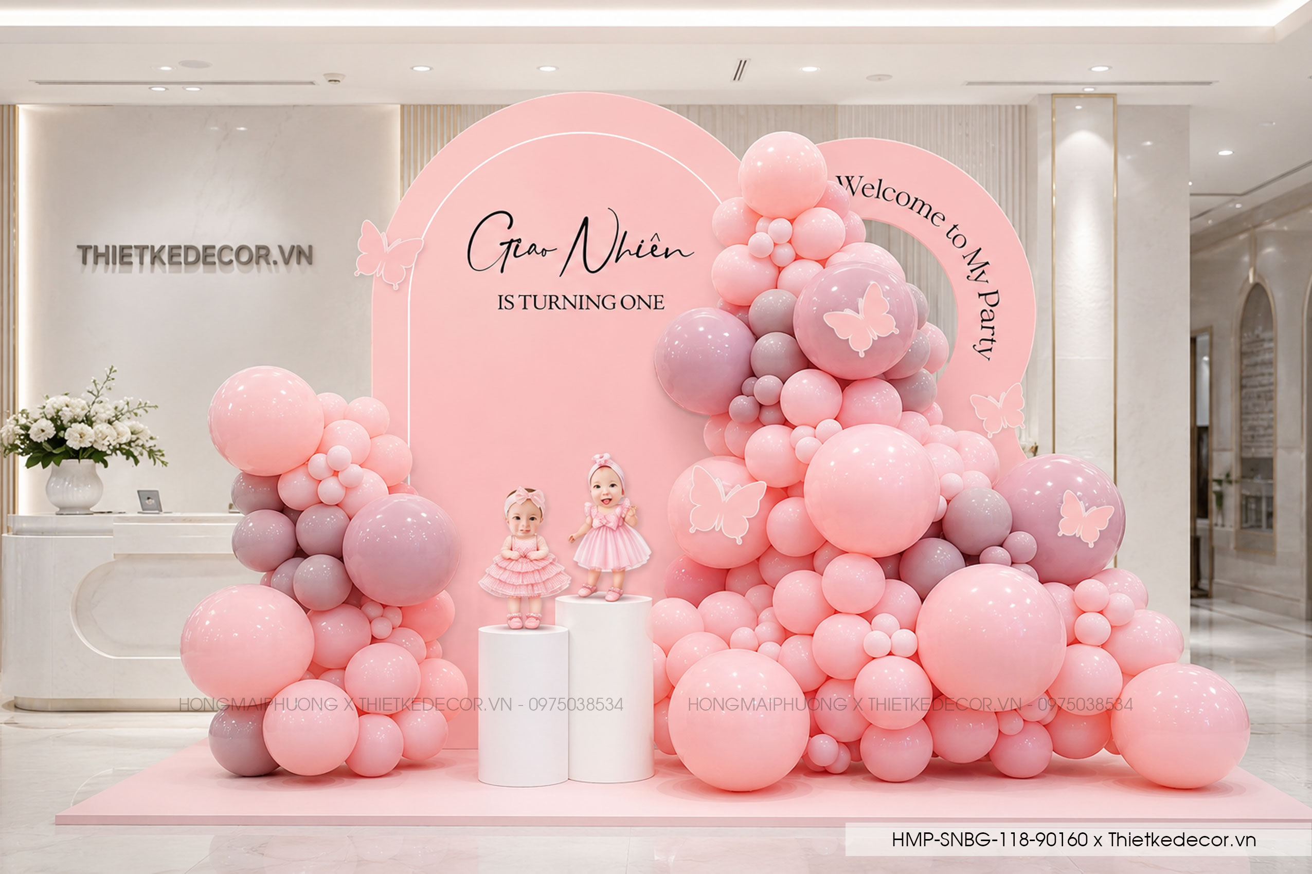 File thiết kế decor trang trí tiệc sinh nhật bé gái  mix bướm, bong bóng cute dễ thương đáng yêu tone hồng